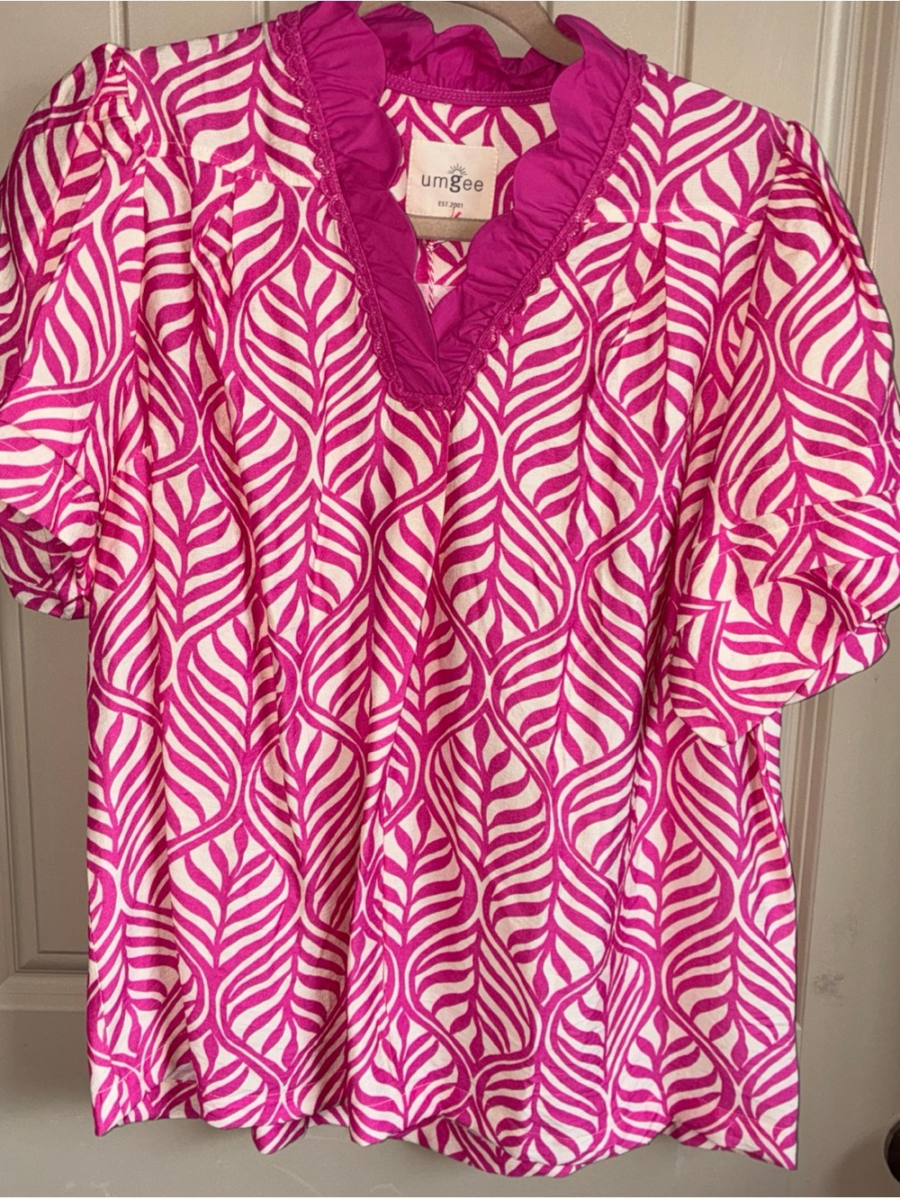Umgee Pink and White Printed Ruffle V-Neck Blouse